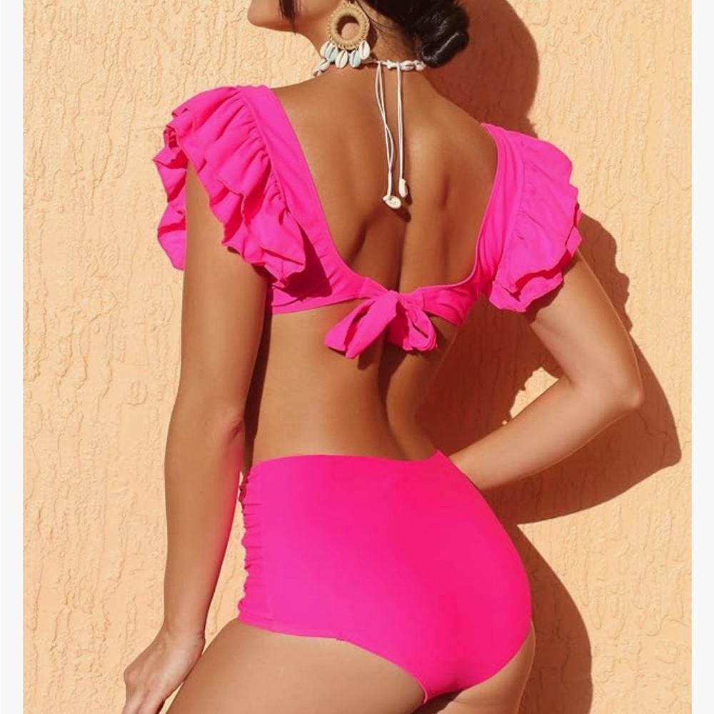 Sporlike Women’s Pink Ruffle Shoulder Tie Back Two Piece Bikini Swimsuit - XL - Picture 4 of 15